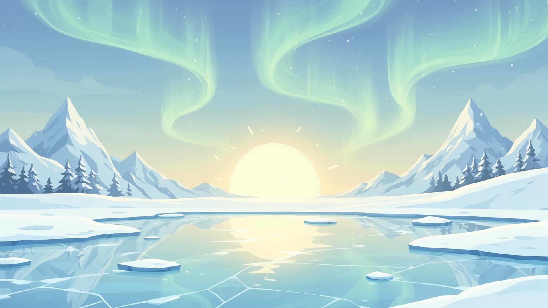 Sol frío brillando sobre un paisaje helado con montañas nevadas y aurora boreal