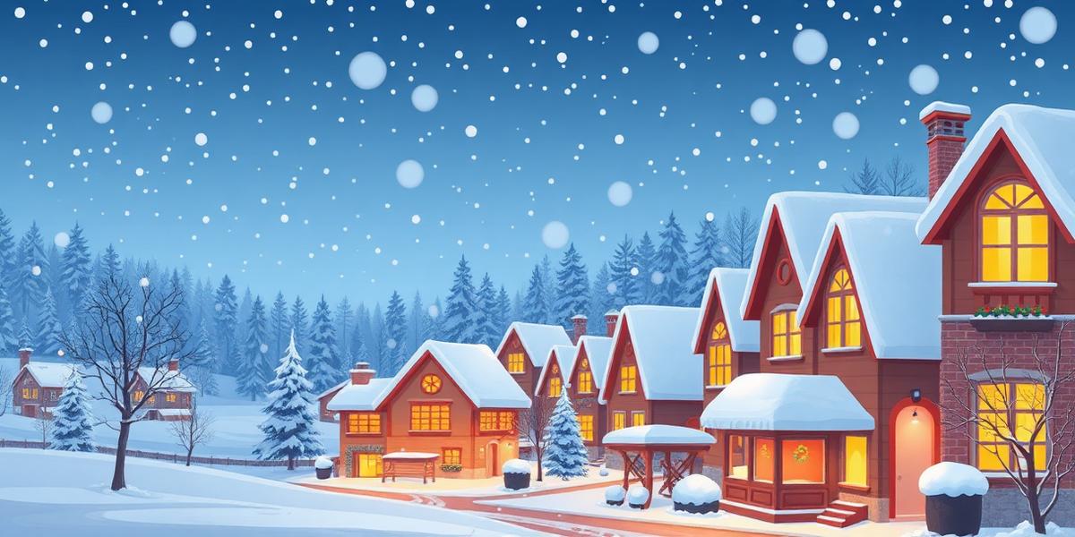 Pueblo invernal con nieve cayendo y luces cálidas en las ventanas